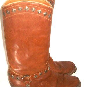 Vintage 90's Pollini Italy Caramel Leather Silver-Embellished Tall Harness Boots